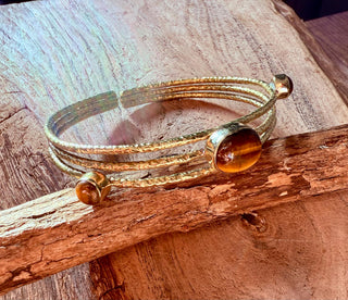Tripe Stone Tiger's Eye Hammered Brass Bracelet / Adjustable / Bohemian Jewellery / Ethnic / Boho / Gift for Her / Artisanal