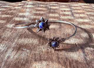 Lapis Lazuli Flower Silver Bracelet / Adjustable Bangle / Bohemian Jewelery