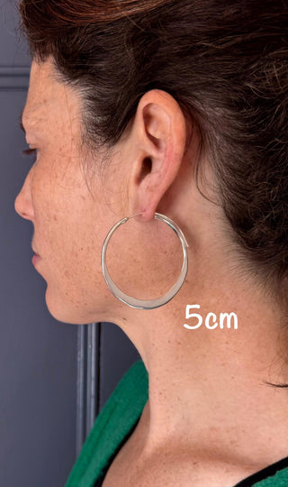 Hammered Flat Silver Hoop Earrings, Bohemian Hoops, Ethnic Jewellery, Everyday Silver Earrings