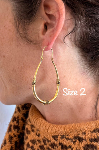 Bali Golden Oval Hoop Earrings / Brass Long / Tribal / Ethnic / Rustic / Bohemian / Gypsy