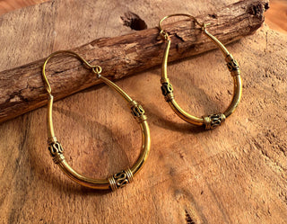 Bali Golden Oval Hoop Earrings / Brass Long / Tribal / Ethnic / Rustic / Bohemian / Gypsy