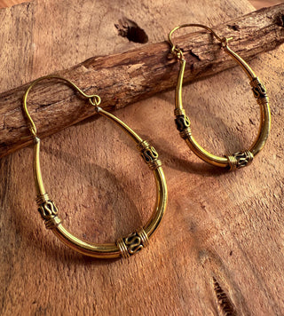 Bali Golden Oval Hoop Earrings / Brass Long / Tribal / Ethnic / Rustic / Bohemian / Gypsy