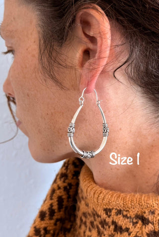 Bali Silver Oval Hoop Earrings / Brass Long / Tribal / Ethnic / Rustic / Bohemian / Gypsy