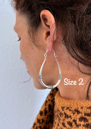 Bali Silver Oval Hoop Earrings / Brass Long / Tribal / Ethnic / Rustic / Bohemian / Gypsy