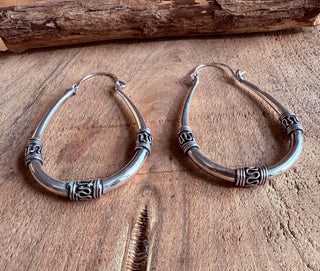 Bali Silver Oval Hoop Earrings / Brass Long / Tribal / Ethnic / Rustic / Bohemian / Gypsy