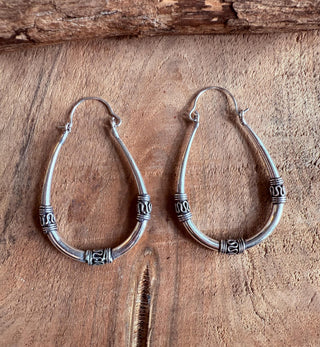 Bali Silver Oval Hoop Earrings / Brass Long / Tribal / Ethnic / Rustic / Bohemian / Gypsy