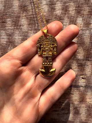 Gold Sacred Mayan God Pantheon Necklace / Hypoallergenic / Brass / Boho / Aztec / Inca / Ethnic / Hypoallergenic / Third Eye / Illuminati