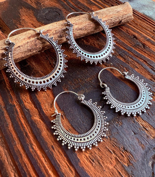 Afghani Boho Silver Hoops / Ethnic / Rustic / Psy / Gypsy / Hippie / Tribal