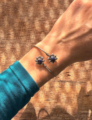 Lapis Lazuli Flower Silver Bracelet / Adjustable Bangle / Bohemian Jewelery