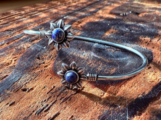 Lapis Lazuli Flower Silver Bracelet / Adjustable Bangle / Bohemian Jewelery