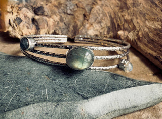 Triple Stone Labradorite Hammered Silver Bracelet Adjustable, Gift Box Option, Bohemian Jewellery, Boho, Artisanal