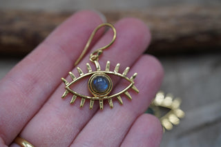 Eye Pendant Earrings Labradorite, Dangling Statement Fish Hook, Unique Jewellery, Gift for Spiritual Woman