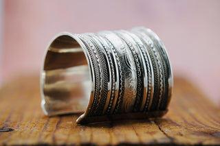 Ethnic Silver Cuff Bracelet, Large Boho Bracelet, Adjustable Bracelet for Women