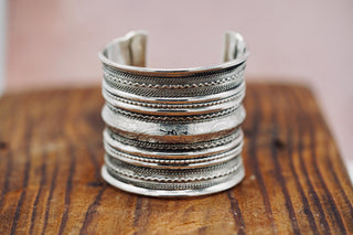 Ethnic Silver Cuff Bracelet, Large Boho Bracelet, Adjustable Bracelet for Women