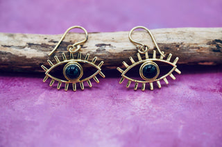 Pendant Eye Brass Earrings with Black Onyx stone , Dangling Statement Fish Hook, Unique Jewellery, Gift for Spiritual Woman