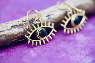 Pendant Eye Brass Earrings with Black Onyx stone , Dangling Statement Fish Hook, Unique Jewellery, Gift for Spiritual Woman