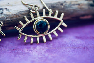Pendant Eye Brass Earrings with Black Onyx stone , Dangling Statement Fish Hook, Unique Jewellery, Gift for Spiritual Woman