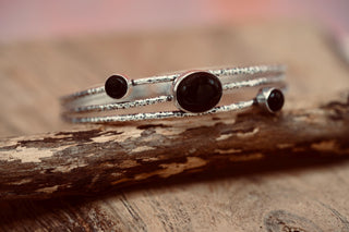 Large Size Hammered Silver Bracelet with Black Onyx Stones, Bohemian Bangles, Gift Box Option, Boho, Artisanal