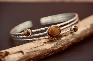 Large Size Hammered Silver Bracelet with Tiger Eye Stones, Bohemian Bangles, Gift Box Option, Boho, Artisanal