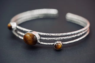Large Size Hammered Silver Bracelet with Tiger Eye Stones, Bohemian Bangles, Gift Box Option, Boho, Artisanal