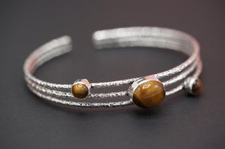 Large Size Hammered Silver Bracelet with Tiger Eye Stones, Bohemian Bangles, Gift Box Option, Boho, Artisanal