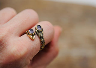 Two Snake Head Brass Ring, Wrap Around Snake Ring, Amethyst Snake Ring