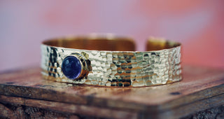 Hammered Brass Cuff Bracelet with Amethyst – Wide Boho Chic Bracelet for Women, Handmade Gold-Tone Jewellery