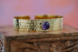 Hammered Brass Cuff Bracelet with Amethyst – Wide Boho Chic Bracelet for Women, Handmade Gold-Tone Jewellery