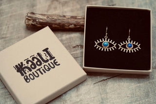 Turquoise Pendant Eye Brass Earrings, Dangling Statement Fish Hook, Unique Jewellery, Gift for Spiritual Woman