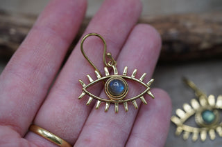 Eye Pendant Earrings Labradorite, Dangling Statement Fish Hook, Unique Jewellery, Gift for Spiritual Woman