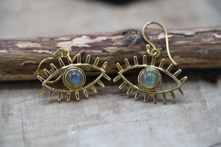 Eye Pendant Earrings Labradorite, Dangling Statement Fish Hook, Unique Jewellery, Gift for Spiritual Woman