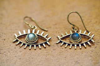 Eye Pendant Earrings Labradorite, Dangling Statement Fish Hook, Unique Jewellery, Gift for Spiritual Woman