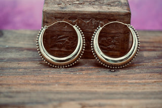 Gold Chunky Hoops, Thick Earrings Beaded Edges, Bohemian Queen Style