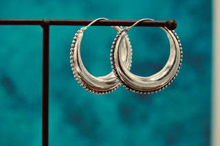 Silver Chunky Hoop Earrings Multi Size, Ethnic Beaded Hoops