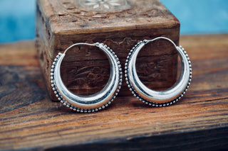 Silver Chunky Hoop Earrings Multi Size, Ethnic Beaded Hoops