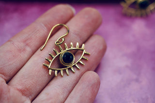 Pendant Eye Brass Earrings with Black Onyx stone , Dangling Statement Fish Hook, Unique Jewellery, Gift for Spiritual Woman