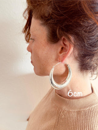 Silver Chunky Hoop Earrings Multi Size, Ethnic Beaded Hoops