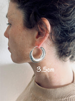Silver Chunky Hoop Earrings Multi Size, Ethnic Beaded Hoops