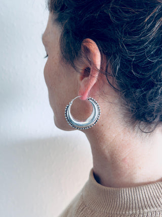 Silver Chunky Hoop Earrings Multi Size, Ethnic Beaded Hoops