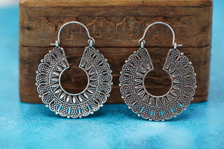 Mandala Circle Silver Earrings | Ethnic Hoops for Women | Gypsy Tribal Jewellery | Hypoallergenic Hoops