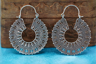 Mandala Circle Silver Earrings | Ethnic Hoops for Women | Gypsy Tribal Jewellery | Hypoallergenic Hoops