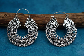 Mandala Circle Silver Earrings | Ethnic Hoops for Women | Gypsy Tribal Jewellery | Hypoallergenic Hoops