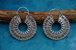 Mandala Circle Silver Earrings | Ethnic Hoops for Women | Gypsy Tribal Jewellery | Hypoallergenic Hoops