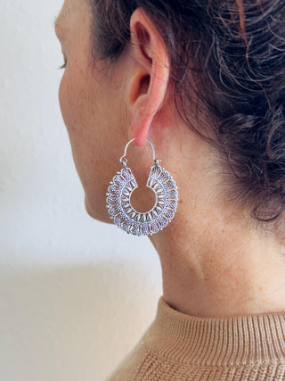 Mandala Circle Silver Earrings | Ethnic Hoops for Women | Gypsy Tribal Jewellery | Hypoallergenic Hoops