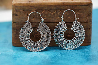 Mandala Circle Silver Earrings | Ethnic Hoops for Women | Gypsy Tribal Jewellery | Hypoallergenic Hoops
