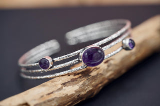 Adjustable Amethyst Silver Bracelet, Bohemian Bangles, Gift Box Option, Boho, Artisanal