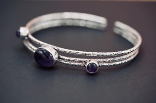 Adjustable Amethyst Silver Bracelet, Bohemian Bangles, Gift Box Option, Boho, Artisanal