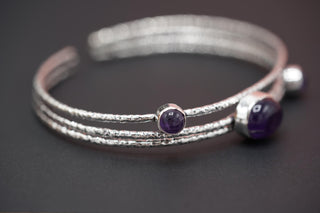 Adjustable Amethyst Silver Bracelet, Bohemian Bangles, Gift Box Option, Boho, Artisanal