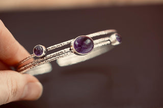 Adjustable Amethyst Silver Bracelet, Bohemian Bangles, Gift Box Option, Boho, Artisanal