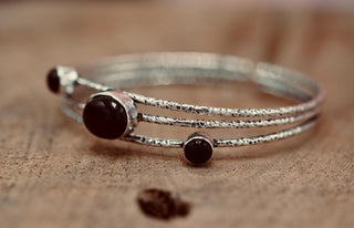 Large Size Hammered Silver Bracelet with Black Onyx Stones, Bohemian Bangles, Gift Box Option, Boho, Artisanal